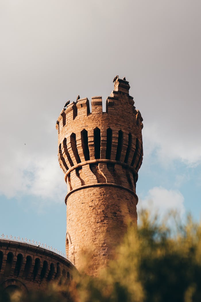 Low angle view of Bangalore Palace tower in daylight, showcasing its historical architecture.